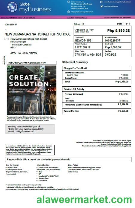 Philippines Globe myBusiness utility bill template in Word and PDF formats